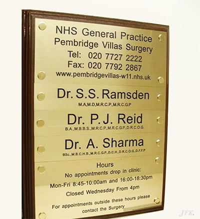 Brass Plaque for Pembridge Villas Surgery